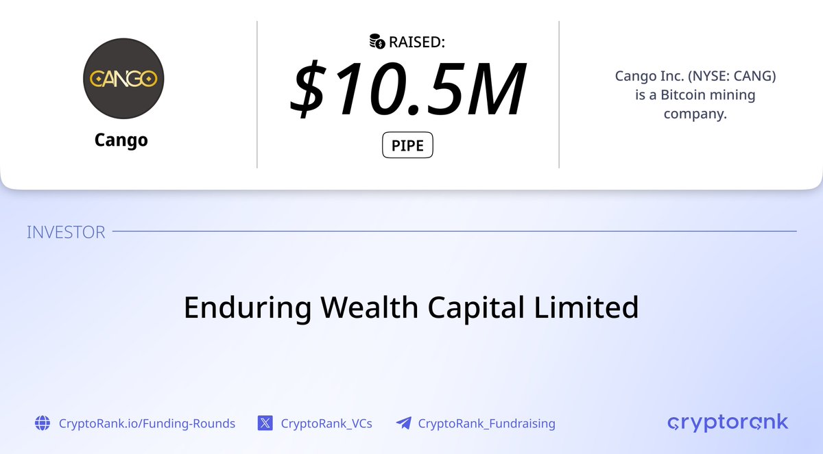 Cango $10.5M PIPE Round⚡️ 📑 About: @Cango_Group (NYSE: $CANG) is a Bitcoin  mining company. 🤝 Investor: Enduring Wealth Capital Limited