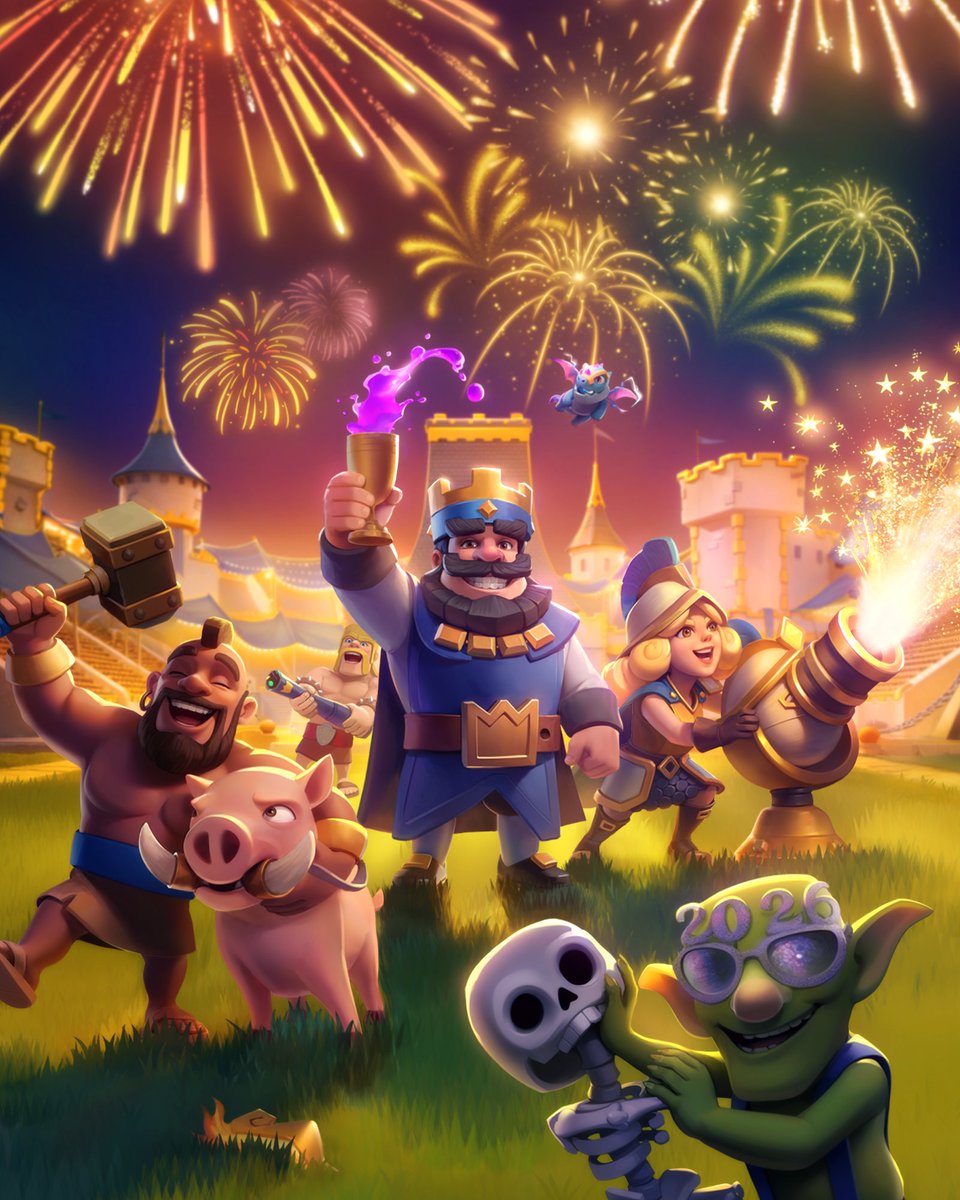 ClashRoyale's tweet image. Wishing you many Crowns, Trophies, and a Legendary 2026! 🎇