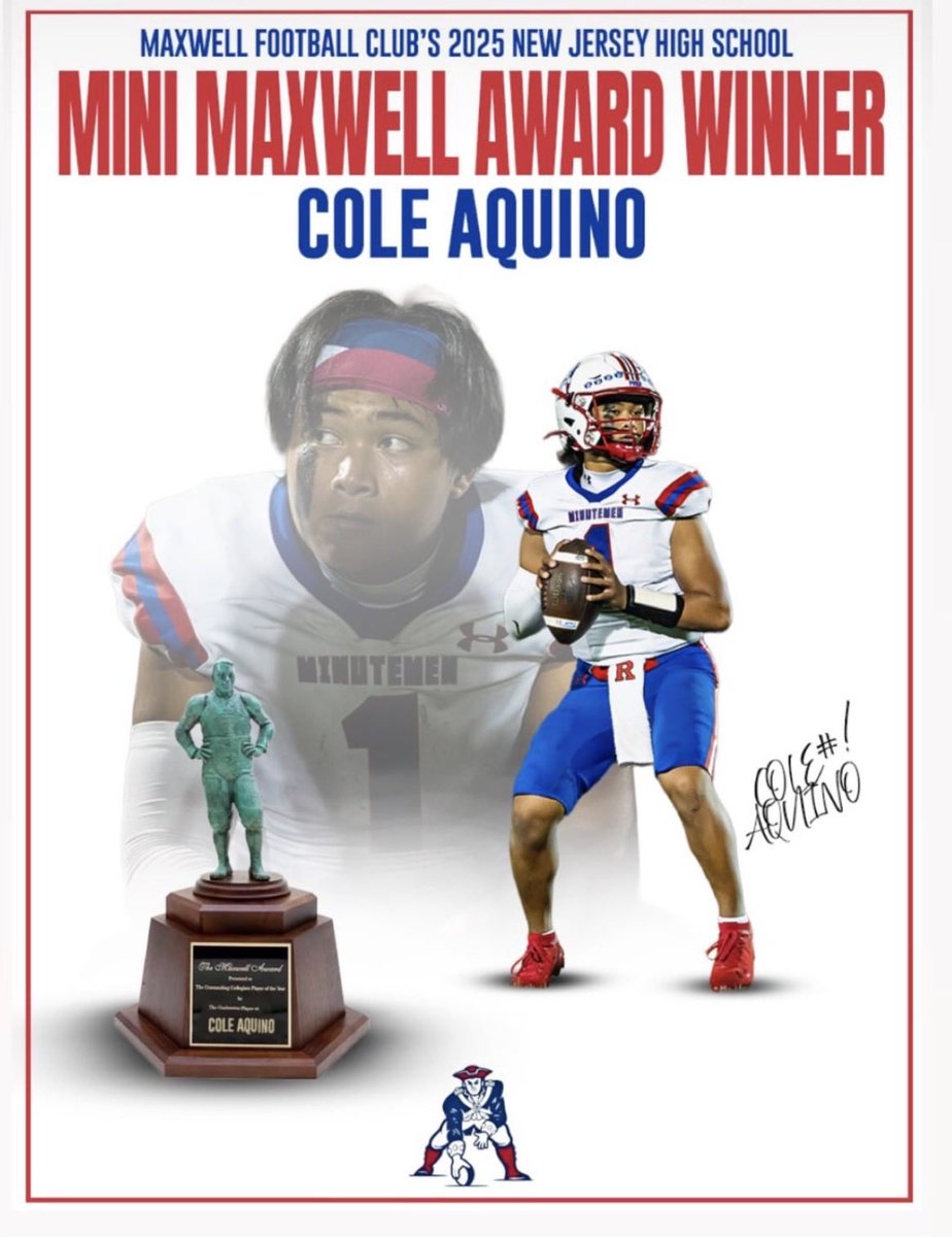 WTHS_Athletics's tweet photo. Minuteman Football 🏈 

Congratulations to Senior QB Cole Aquino on being selected as a 2025 Mini Maxwell Award winner 👏🏻 

#StateChampion https://t.co/OcoKuSydoi
