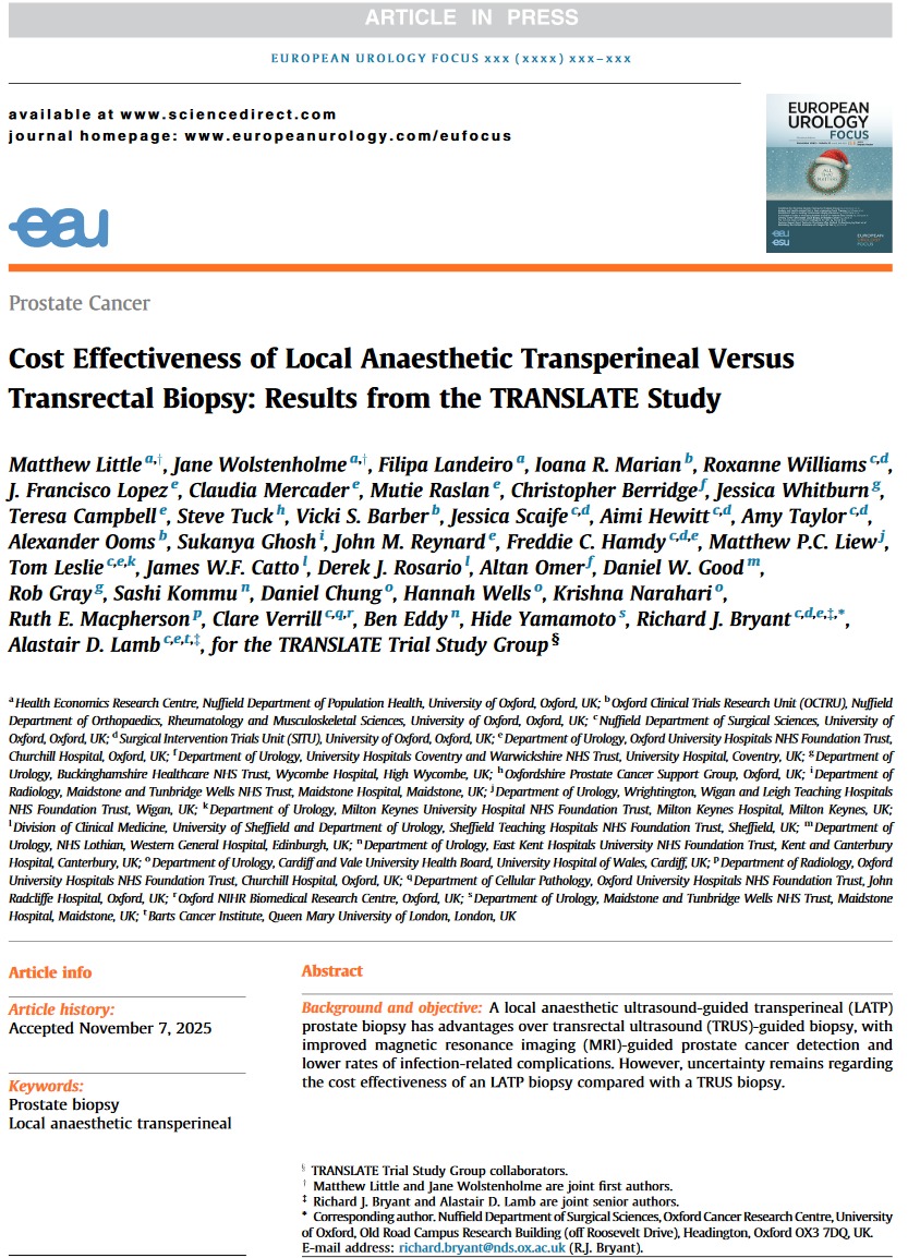 TranslateTrial's tweet image. Pleased to publish #CostEffectiveness data #LATPvsTRUS in @EurUrolFocus

THM:
•average cost TRUS=£917; LATP=£1062 (∵ device cost/takes longer)
•#LATP not cost-effective (QALY)

But...
•only 4m f/u so doesnt account for ⬆️ PCa diag

 #TRANSLATE_Trial

eu-focus.europeanurology.com/article/S2405-…