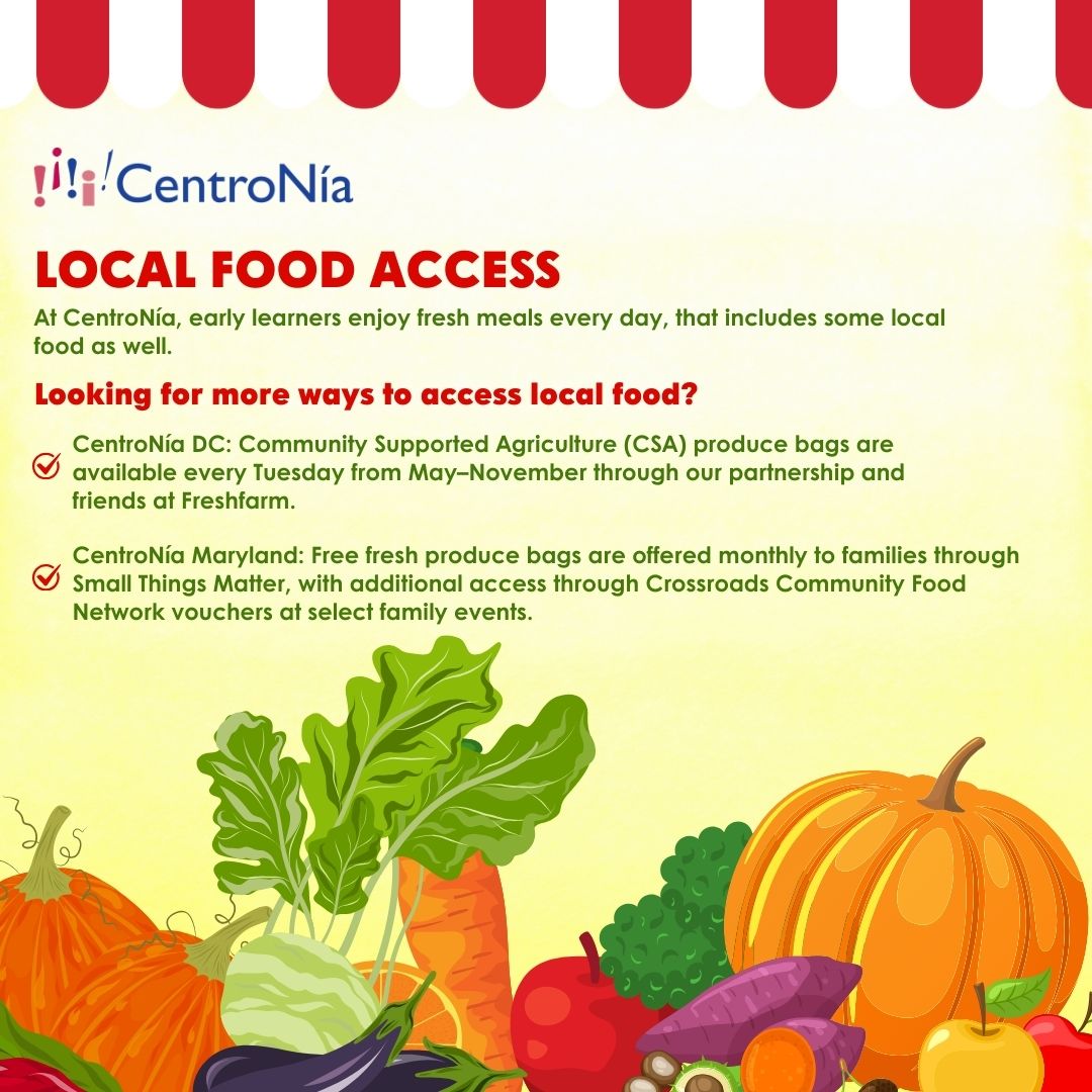 CentroNia's tweet image. Local food matters! 🍓🥦

At CentroNía, early learners enjoy daily fresh meals, including local ingredients.  Read below for other ways families can access local food!🥕

#centronia #CACFP #healthyfoods #foodandwellness #childcare #familyservices #localfood #healthyhabits