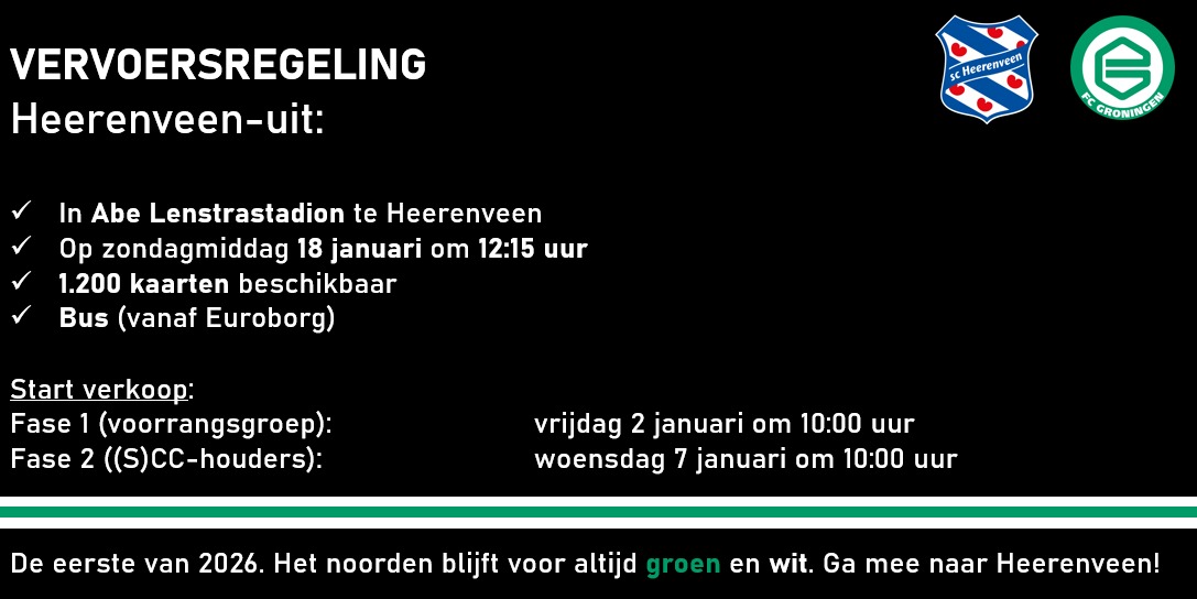Het jaar zit er bijna op. 2025 bracht veel volle gastenvakken, prachtige acties en mooie tripjes én punten. Op naar meer in 2026..

Op 18 januari is het tijd voor de derby. De 1.200 beschikbare buskaarten zullen snel uitverkocht zijn. Ga mee!! ⚪🟢⚪

#fcgroningen #heegro