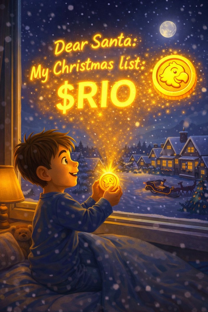 OpeyemiATA42200's tweet photo. I lift the glowing coin in my hands, and suddenly the night listens.
From my window, the wish escapes—
My room fades behind me as the sky fills with light:
“Dear #SantaRio: My Christmas List — $RIO.”
I laugh, because in my heart, I know he’s already seen it. https://t.co/h3u0qyKI3Z