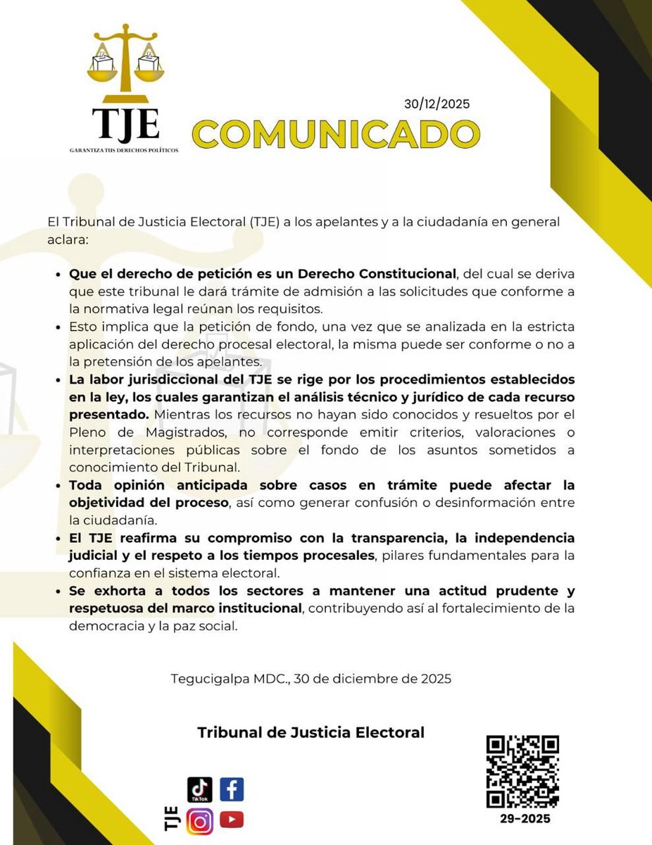 #HCHNoticias | El Tribunal de Justicia Electoral (TJE) aclaró este martes que el derecho de petición es constitucional y que toda solicitud que cumpla los requisitos legales será admitida y analizada conforme al debido proceso electoral.  ⚖️

Además, precisó que admitir un