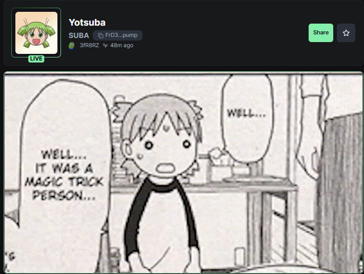 bitforsaker's tweet photo. https://t.co/yfwsuZqpTJ stream now live - running 24/7.

The Yotsuba story will run nonstop - exposure is the priority for $SUBA.

FrD36Y1mRvuS7Gs926HaqdcWYC4VtsmZJsaJtwiMpump https://t.co/gHJQVhFvJx