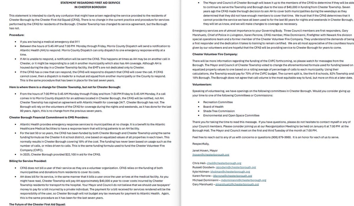 ChesterFAS's tweet image. We would like to thank Chester Borough Mayor Janet Hoven and the Council for their continued support of the #ChesterFirstAidSquad and for helping to clarify recent questions surrounding EMS coverage in Chester. #FirstResponders #EMS #Chester #NJ
chesterborough.org