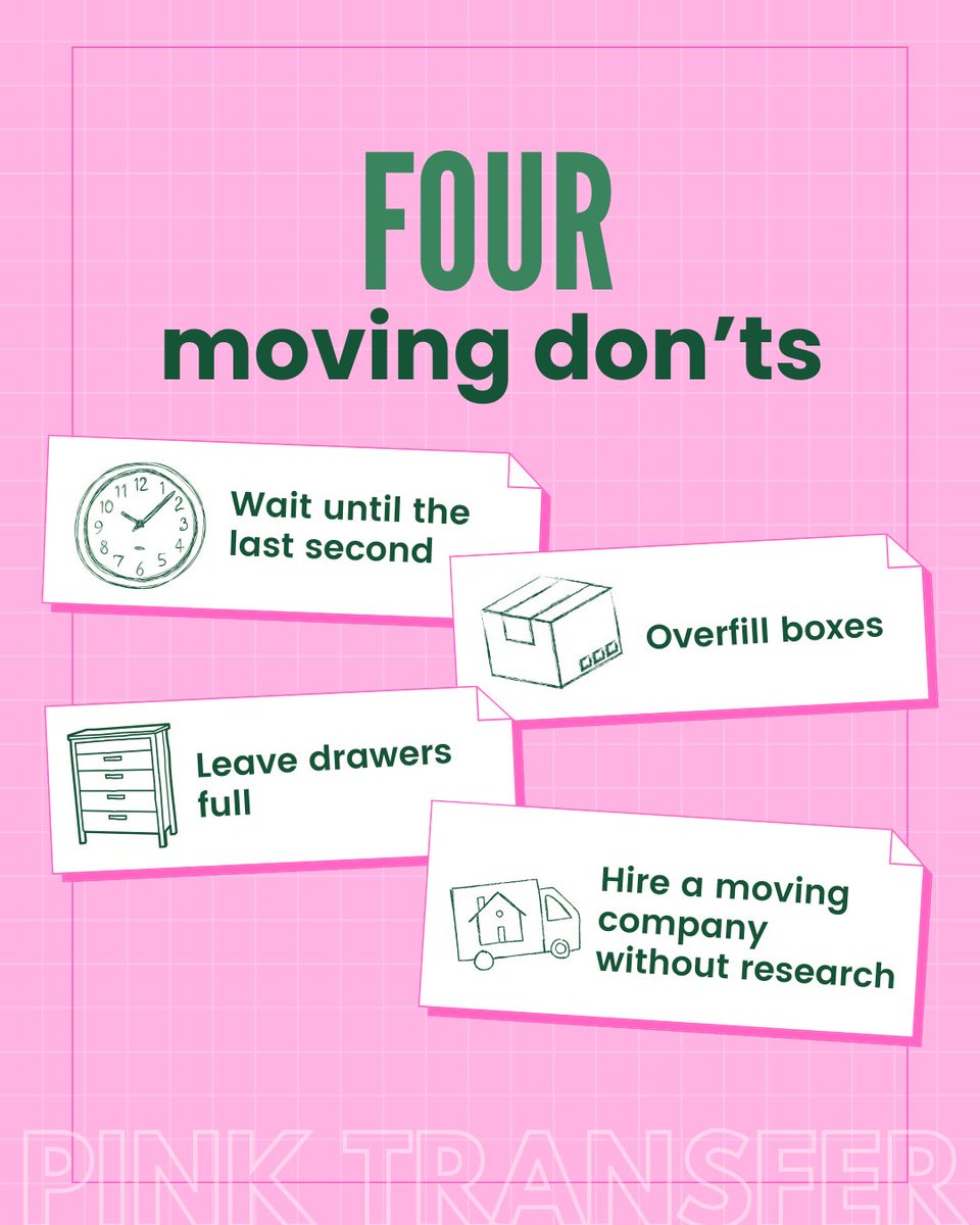 TransferPink's tweet photo. Moving soon? Avoid these common mistakes!

From last-minute packing chaos to overloaded boxes, a little planning goes a long way. And remember, research your movers before you book!

Let Pink Transfer make your move smooth and stress-free.
📲(626) 357-2919
https://t.co/AXhpFlO5rB https://t.co/m06oRY9d2i