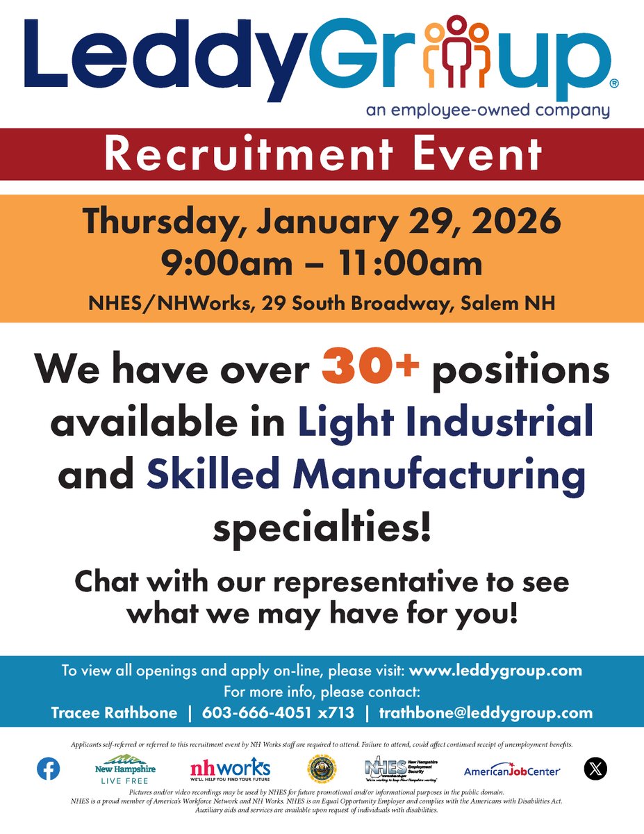 NHESWorking's tweet image. Leddy Group Recruitment Event
Thursday, January 29, 2026
9:00am - 11:00am

NHES / NHWorks
29 South Broadway
Salem, NH 03079

#NHWorks #JobsInNH #NHJobs