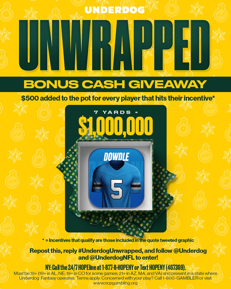 Underdog's tweet image. 🚨 BONUS CASH GIVEAWAY 🚨

We're adding $500 to the pot for every listed player that hits an incentive in Week 18 💰

To enter...
1⃣ Repost this
2⃣ Reply #UnderdogUnwrapped
3⃣ Follow us @Underdog
4⃣ Follow @UnderdogNFL