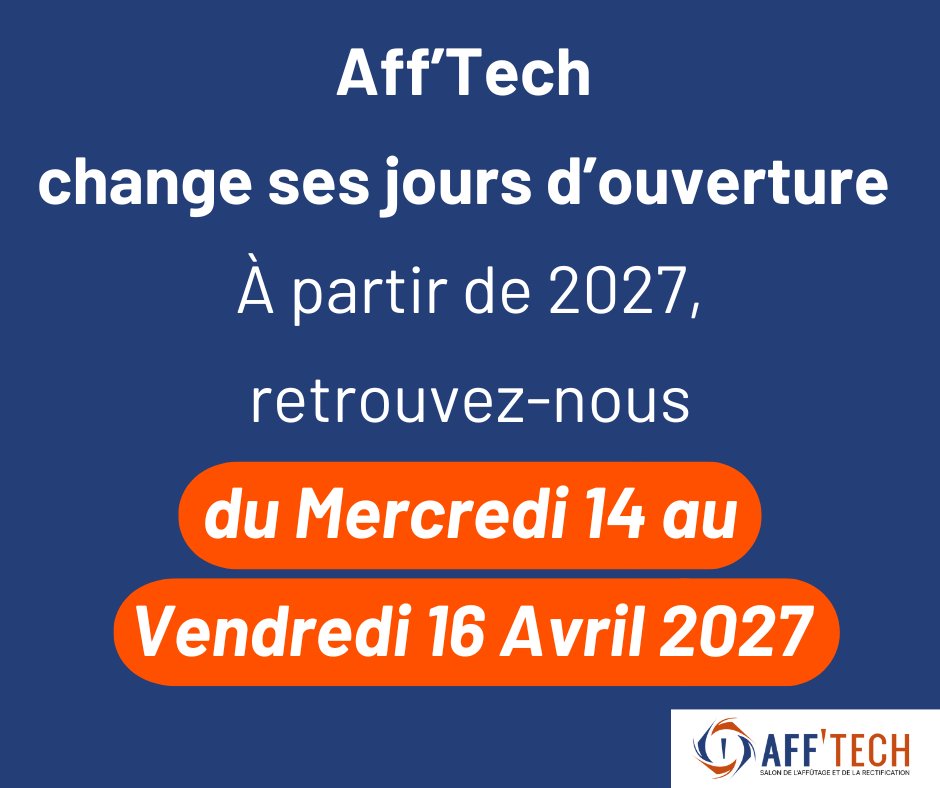 📢 Le Salon des Aff’Tech change de dates à partir de 2027 ! 📅
Pour sa 11ᵉ édition, le salon évolue et se tiendra désormais 100 % en semaine, du mercredi au vendredi, afin de mieux s’adapter aux contraintes des professionnels.
📍 Parc des Expositions Auxerre
 📅 14–16 avril 2027
