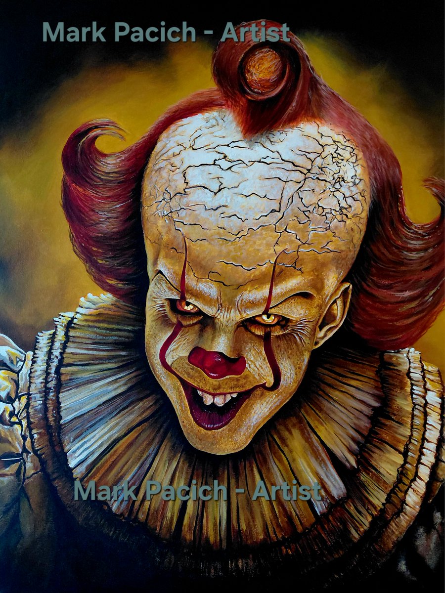 How it started, and how it finished.  "Pennywise".  30" x 40", hand-painted acrylic on canvas.  <a href="/StephenKing/">Stephen King</a> #pennywise #welcometoderry #IT #ITWelcomeToDerry #billskarsgard <a href="/MrChuckD/">Chuck D</a> <a href="/KirkHammett/">Kirk Hammett</a> #horror <a href="/TheHorrorMaster/">John Carpenter</a> #horrorartwork #horrorart #pennywisetheclown