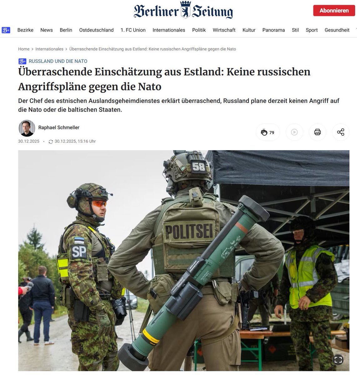 matze2001's tweet image. Narrativbrecher sind nach den Regeln der Nafo-Pimmel als Feinde zu behandeln:
"Generaldirektor des estnischen Auslandsnachrichtendienstes, erklärte ... Russland plane derzeit keinen Angriff auf die baltischen Staaten oder auf das Nato-Bündnis insgesamt."
berliner-zeitung.de/politik-gesell…