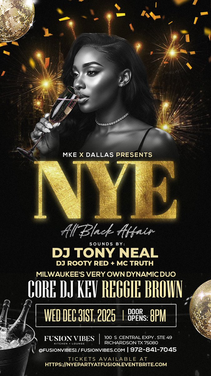 DALLAS… New Years Eve Party at Fusion Vibes <a href="/fusionvibes1/">fusionvibes</a> Wednesday Dec 31, 2025 🎉
All Black Affair with CoreDJs 

📍 Fusion Vibes Lounge
100 S Central Expy, Ste 49, Richardson, TX
RSVP-972-841-7045/262-442-9040
Tickets Available on Eventbrite and Posh
nyepartyatfusion.eventbrite.com