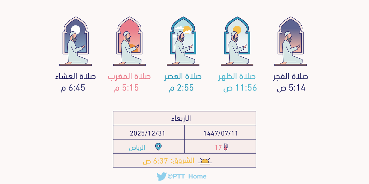 PTT_Riyadh's tweet photo. مواقيت الصلاة ليوم غد الاربعاء بمدينة #الرياض : الفجر(5:14 ص) الظهر(11:56 ص) العصر(2:55 م) المغرب(5:15 م) العشاء(6:45 م) https://t.co/QHysNPo2SA
