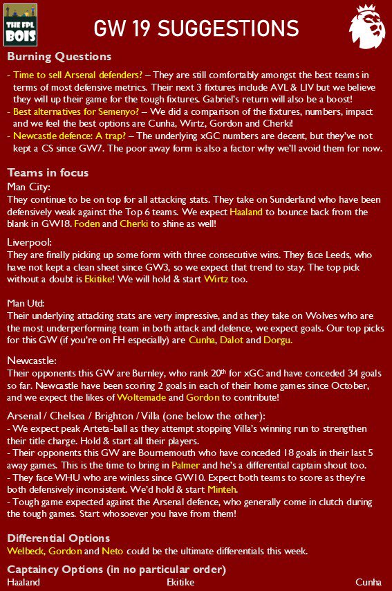 OKAY FOLKS. 

GW19 deadline is only a few hours away and here are our last minute thoughts.

Note:
- Listen to everyone but always follow your own instinct✅
- Reminder to use your remaining chip this GW to avoid wastage.