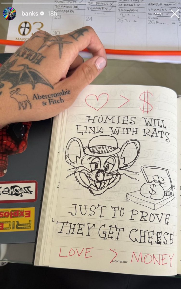 yoxics's tweet image. Banks shows off a new drawing he made 👀

“Homies will link with rats just to prove they get cheese”