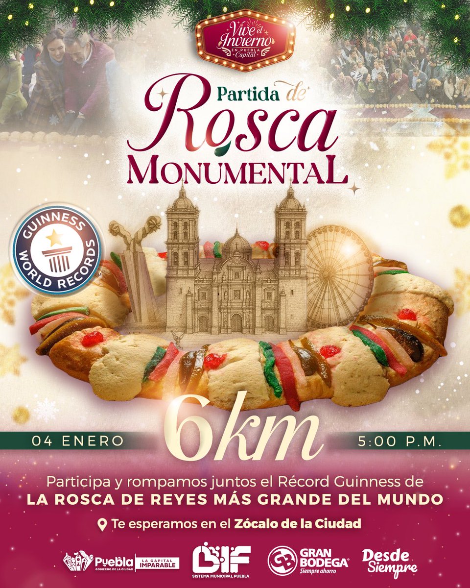 Acompáñanos a hacer historia en la partida de la Rosca Monumental, vamos a romper el Récord Guinness con 6 kilómetros de rosca desde el corazón de la ciudad, frente al Palacio Municipal. 

Ven con tu familia a partir de las 5:00 de la tarde este domingo y forma parte de esta