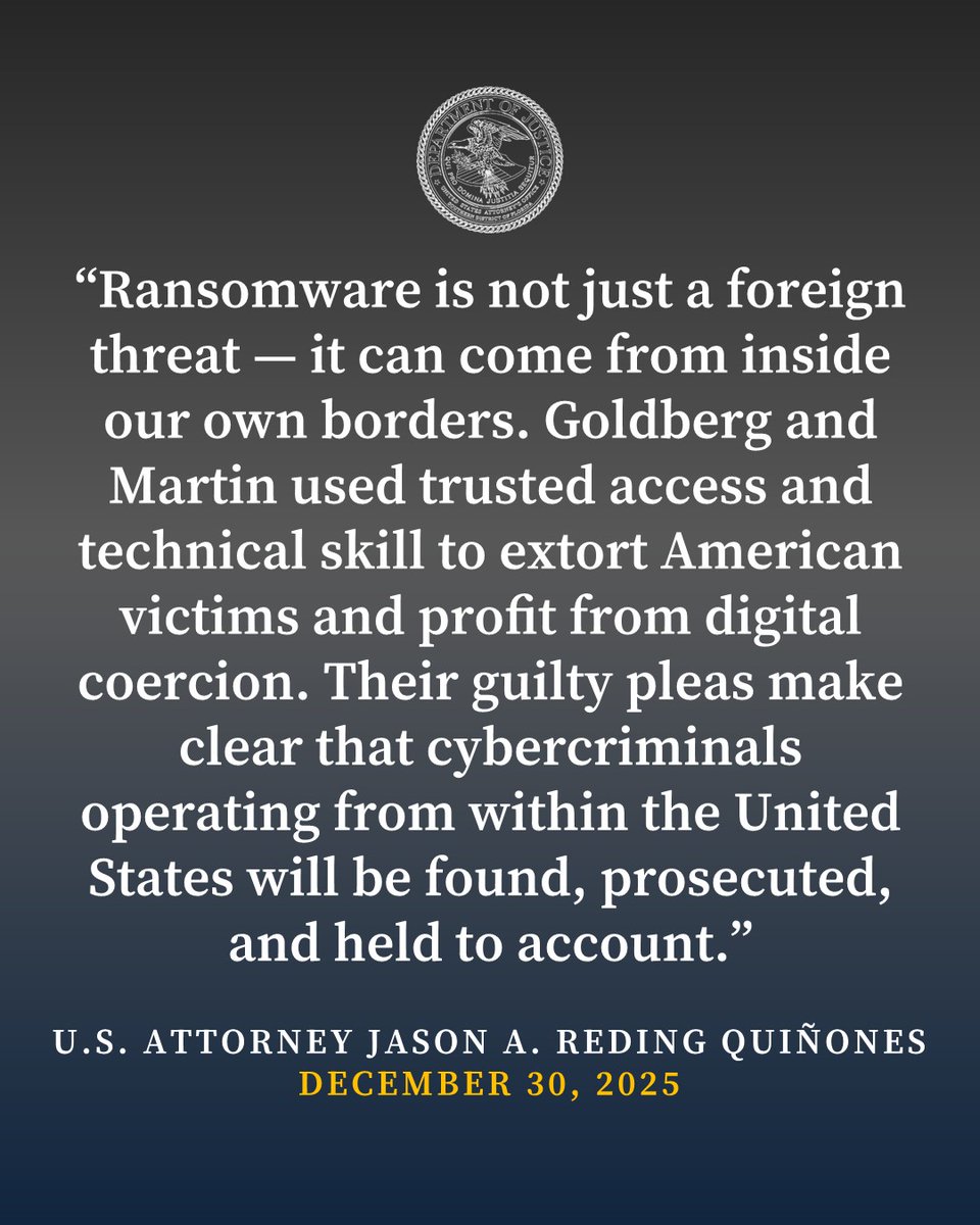Two U.S. cybersecurity professionals, Ryan Goldberg and Kevin Martin,  pleaded guilty to using the ALPHV/BlackCat ransomware to target multiple  U.S. victims in 2023 — extorting at least one company for about $1.2M