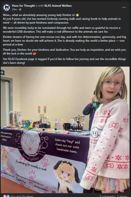 Kimber_KLAS's tweet photo. The Raffle was a success, with the winner being the amazing Organisation being Pawz for Thought. 

We would like to thank everyone for the help and support and best wished for 2026 

#animalwelfare #fundraising #justgiving #whydonate #animallover https://t.co/MI3qmcKRGu