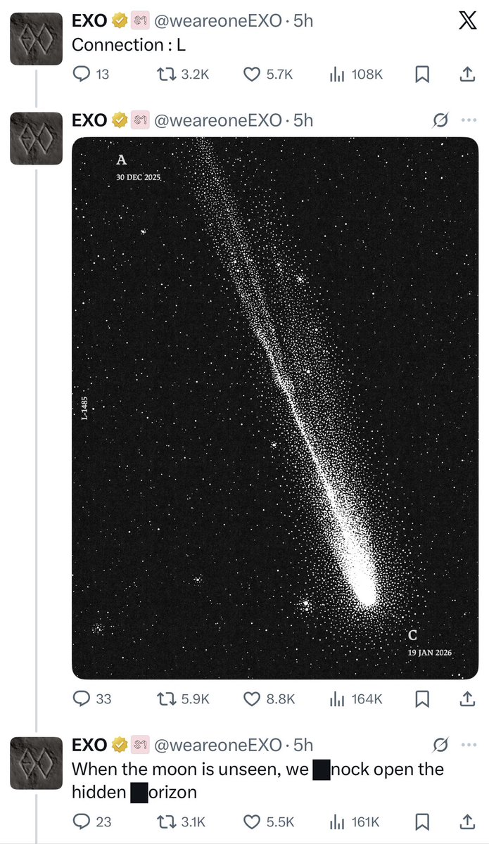 Doh_KyungSooSoo's tweet photo. IT TURNED OUT TO BE THE NEW LOGO OF EXO.

Lines represent the path or route each labeled by a LETTER.

Instead of following the line, you should remove all the lines that were given in the clues. (REVERXE)

1st clue: Remove line H-G on the bottom. (H to G on the bottom of the picture) 
2nd Clue: Remove F to E (F and E are in BOLD letters) 
3rd Clue: Remove L (automatically removed because of 2nd clue)
4th Clue: Connect A and C (the clue is telling you to connect A to C).
5th Clue: Remove H and K (reason why H and K were hidden in the clue). 

If you do this, the first logo with letters will become the NEW LOGO of EXO. 

😅😅