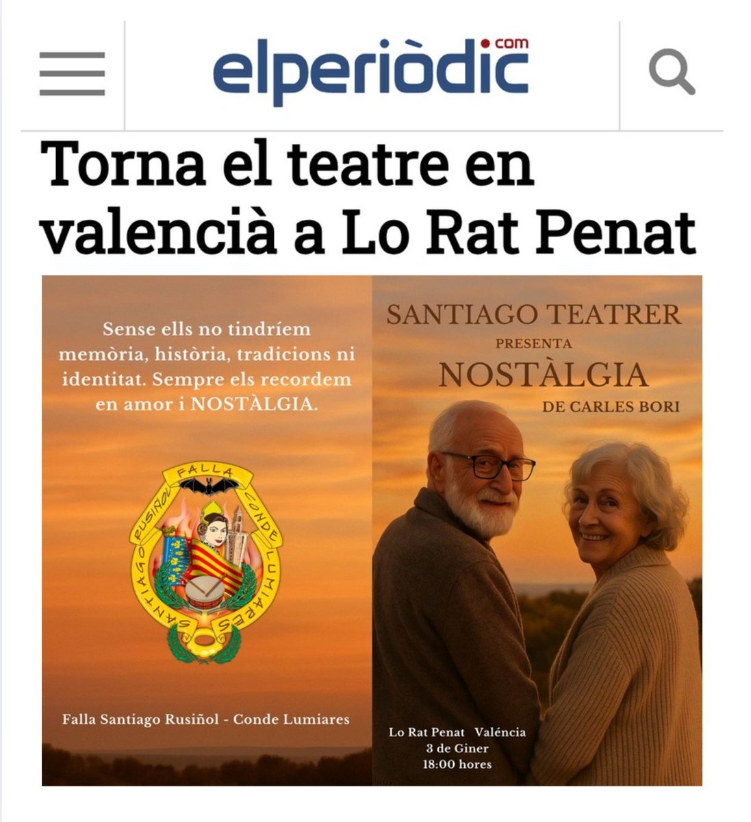 🦇🎭Lo Rat Penat acollirà el pròxim 3 de giner, a les 18:00 hores, la representació de l'obra de teatre "Nostàlgia", escrita per Carles Vicent Bori i Escuriet i presentada pel grup "Santiago Teatrer", vinculat a la Falla Santiago Rusiñol – Comte de Lumiares. 

📰 Llegir notícia