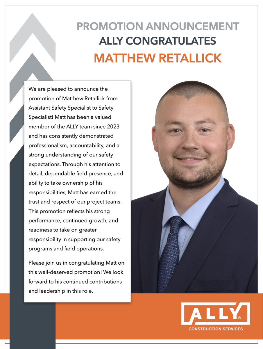 ALLYconstructs's tweet image. Join us in congratulating Matt Retallick on his promotion to Safety Specialist! His attention to detail and dependable field presence have earned the trust &amp;amp; respect of our project teams. We’re excited to see his continued impact in this role and on our safety team here at ALLY.