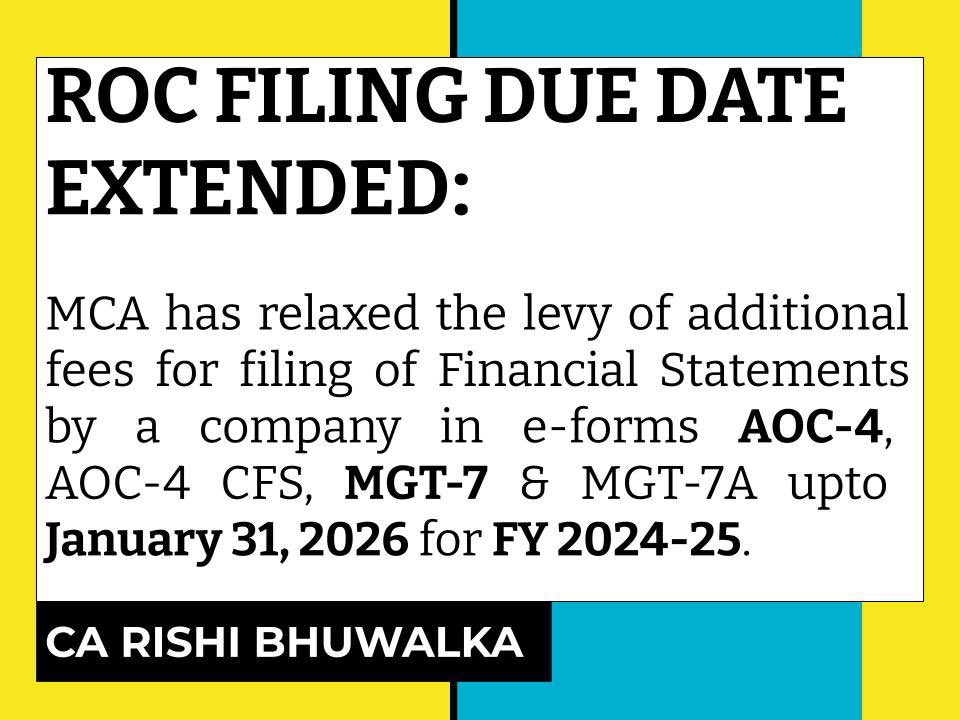 DBC_2017's tweet photo. MCA Update:
ROC filing due dates further extended for FY 24-25.

#MCA #ROC #MCAupdate #duedate #extension https://t.co/sA1PueuvYI