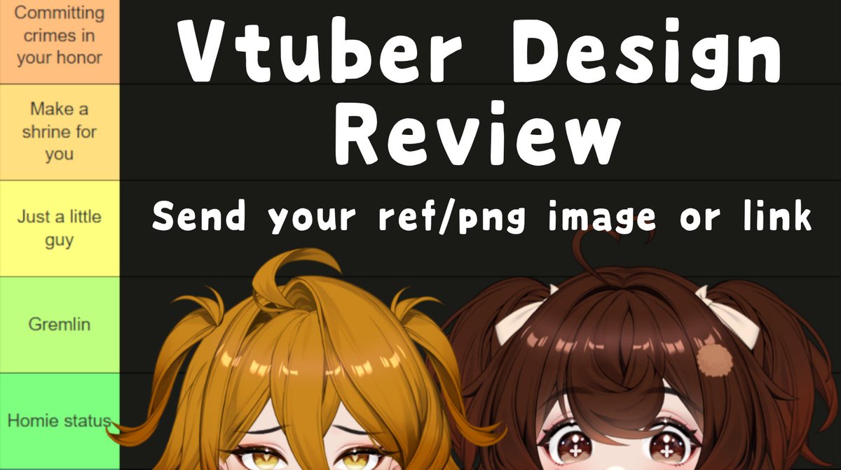 ‼️VTUBER DESIGN REVIEW IS HERE‼️📢

Me and our lil' guest star, who's been around before but has never had a model of their own, will be rating YOUR vtuber designs! Please submit your ref/png within the next 5~ hours!

No AI,  and nothing too lewd please🚫