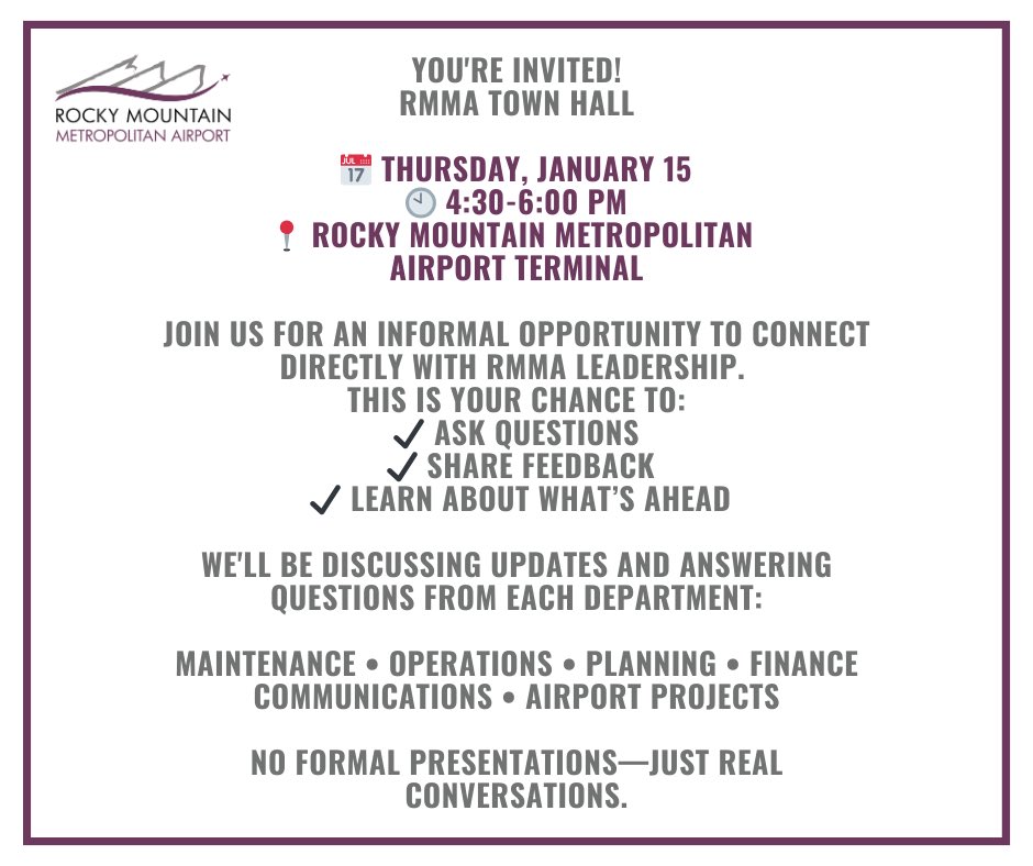 We’re kicking off our first Quarterly Town Hall of the year at RMMA. ✈️
📍 RMMA Terminal | 🗓️ Jan. 15 | ⏰ 4:30–6:00 PM
No formal presentations—just real conversations.