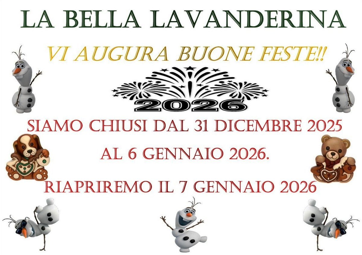 Avvisiamo i nostri gentilissimi clienti che la #lavanderia rimarrà chiusa da mercoledì 31/12/2025 a martedì 06/01/2026, compresi.

Riapriremo mercoledì 07/01/2026.

#LaBellaLavanderia augura Buon Anno e Buone Feste a tutti 🤗🥳🎉🎉🎊🎊🍾🥂