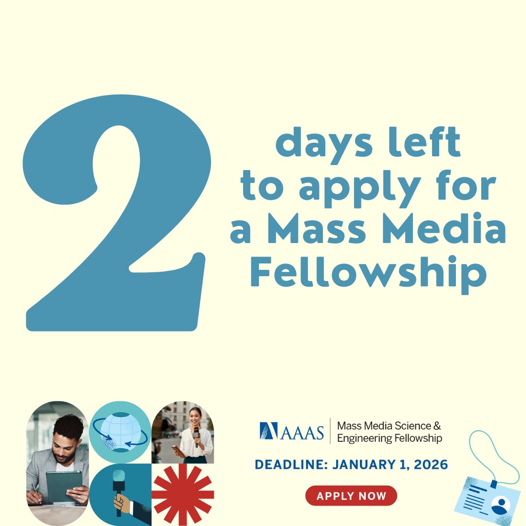 🎉 The #MassMediaFellowship 2026 application closes in 2 days! Apply now for a chance to use your scientific background to write stories for the general public in newsrooms across the country. #SciComm
🔗 bit.ly/3KugH6D