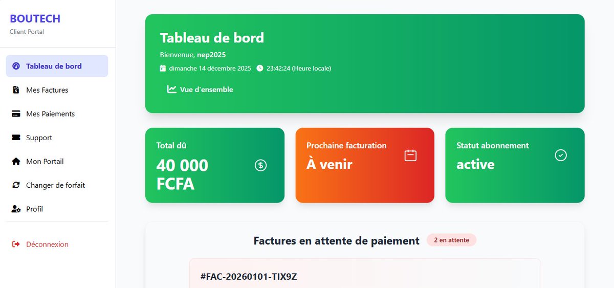 XNlate's tweet photo. @Thread Je lance une solution SaaS pour révolutionner la gestion des FAI en Afrique ! 🌍

✅ Portail client self-care
✅ Hotspots WiFi payants
✅ Sécurité 2FA renforcée
✅ Conformité OHADA
✅ Supervision Huawei/Mikrotik
RT si utile! #TechAfrica #SaaS #Telecom #StartupCameroun https://t.co/OiSMVCI8hw
