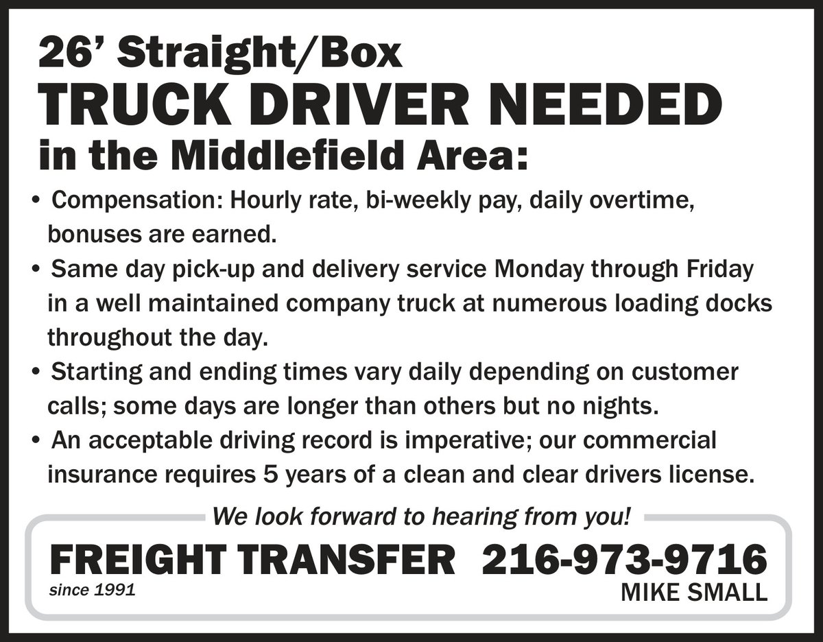 MiddlefieldPost's tweet image. 🚚 Now Hiring: Truck Driver – Middlefield

26’ straight/box truck • M–F • No nights

Hourly pay + OT • Local same-day deliveries

📞Mike Small: 216-973-9716

#NowHiring #TruckDriver #MiddlefieldOH #LocalJobs