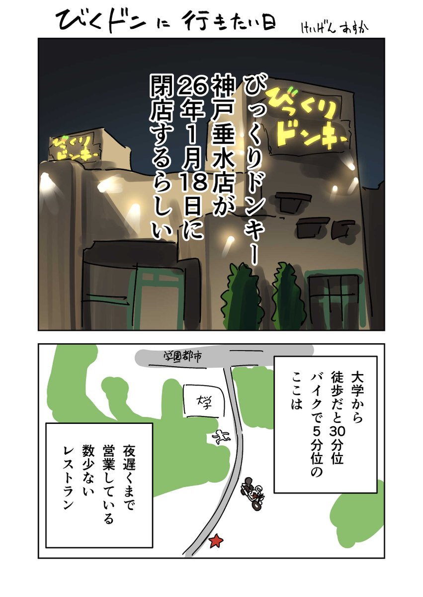 大学近くのびっくりドンキーが潰れるみたいなので、
思い出まんが。
びくドン行きて～ 