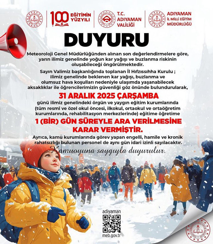 CelikhanIlce's tweet photo. Meteoroloji Genel Müdürlüğünden alınan son değerlendirmelere göre, yarın ilimiz genelinde yoğun kar yağışı ve buzlanma riskinin oluşabileceği öngörülmektedir.

Sayın Valimiz başkanlığında toplanan İl Hıfzıssıhha Kurulu;
@adiyamanmem @ali_tosun77 @H_Ibrahim2702 https://t.co/aStpfuv43q