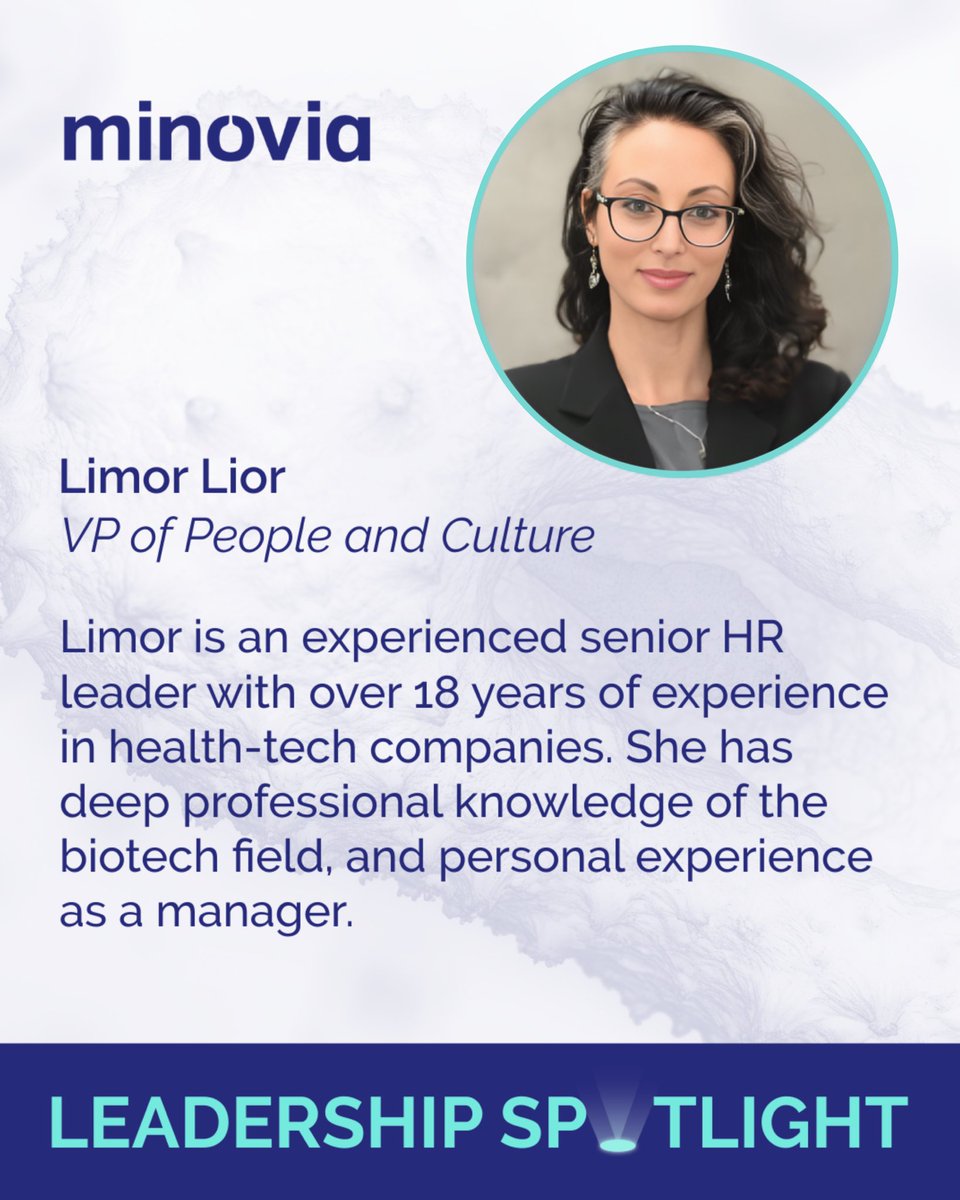 Minovia_tx's tweet photo. Minovia Therapeutics is pleased to highlight Limor Lior, our Vice President of People & Culture, whose leadership is instrumental in advancing our commitment to excellence and innovation.

Limor holds an MSc in Biotechnology Engineering from the Technion – Israel Institute of Technology and is a certified coach, mediator, and group facilitator. Her strategic approach to people management and her dedication to fostering an empowering workplace culture continue to strengthen Minovia’s mission to deliver transformative mitochondrial therapies that improve human health and quality of life.

#MinoviaTherapeutics #LeadershipSpotlight #PeopleAndCulture #Biotechnology #ExecutiveLeadership