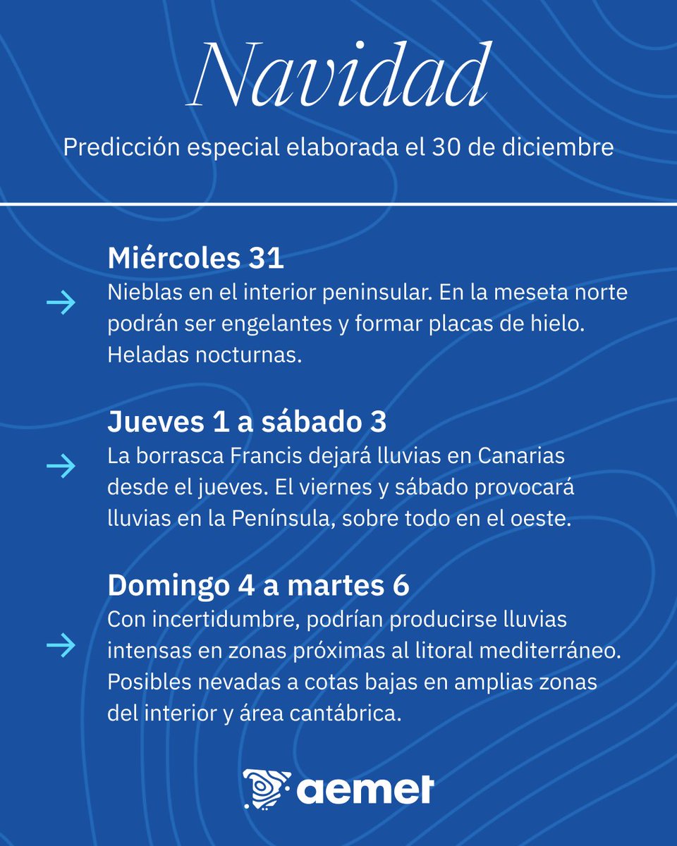 AEMET_Esp's tweet photo. 🎄Predicción especial | Fiestas de Navidad.

➡️ Actualización 30 de diciembre.

😶‍🌫️Nochevieja fría, pero sin lluvias.

🌧️Borrasca Francis: Lluvias a partir del jueves.

❄️Hay incertidumbre, pero podría nevar en cotas bajas los días 4 y 5.

🗓️¡Feliz 2026! 

https://t.co/Tr0X82td2I https://t.co/jq81eu2TT5