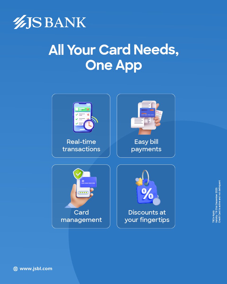 Time’s almost up.

Download &amp; activate the JS Mobile App today to get PKR 500 cashback — exclusively for JS Credit Card customers who haven’t activated yet.

T&amp;Cs apply.
Download the JS Mobile App today: bit.ly/3Y8YAas

#JSBank #BarhnaHaiAagey #JSCreditCards #JSMobile