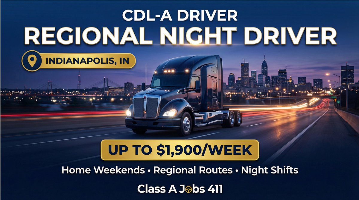 Classajobs's tweet photo. Hiring CDL-A Drivers in Indianapolis!Position: Regional Night Driver Pay: Up to $1,900/week Schedule: Home WeekendsApply now! https://t.co/13jSIjF9wG #TruckingJobs #CDLjobs https://t.co/amgalHd2PY