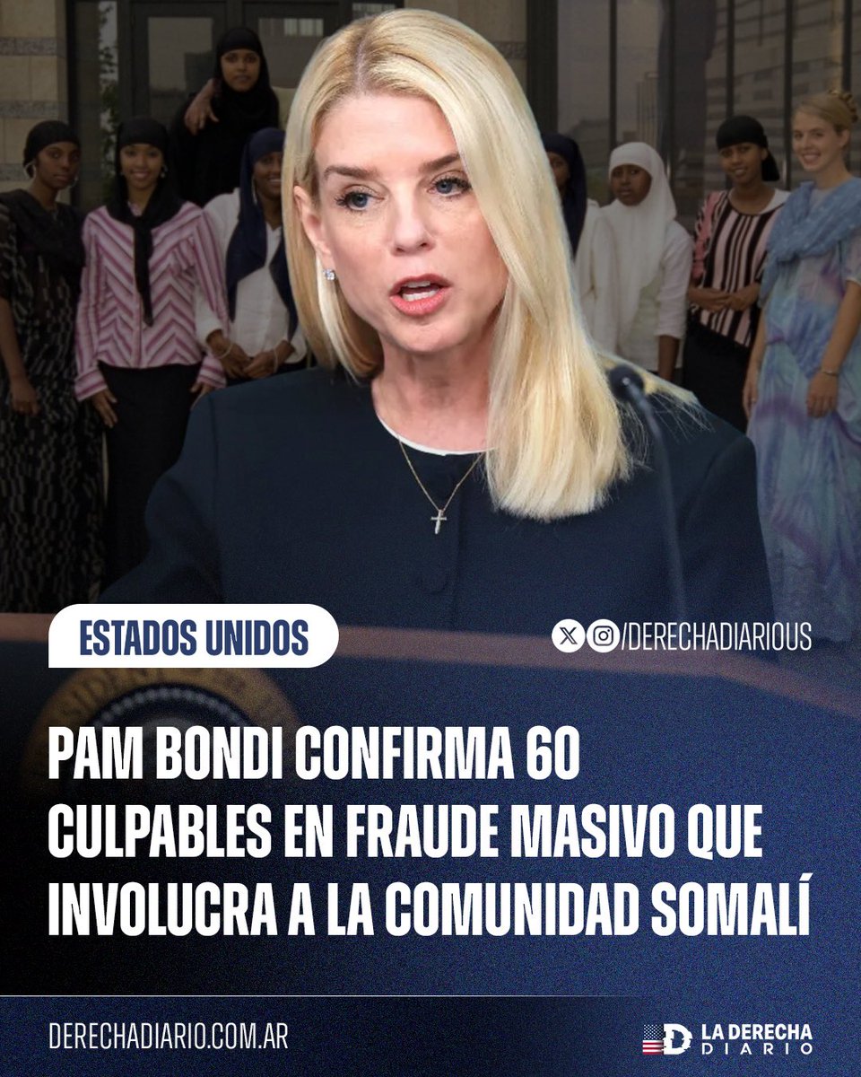 🚨🇺🇸 | #AHORA La fiscal general Pam Bondi anunció que 85 ciudadanos somalíes han sido acusados y más de 60 declarados culpables por el fraude en curso de Minnesota.