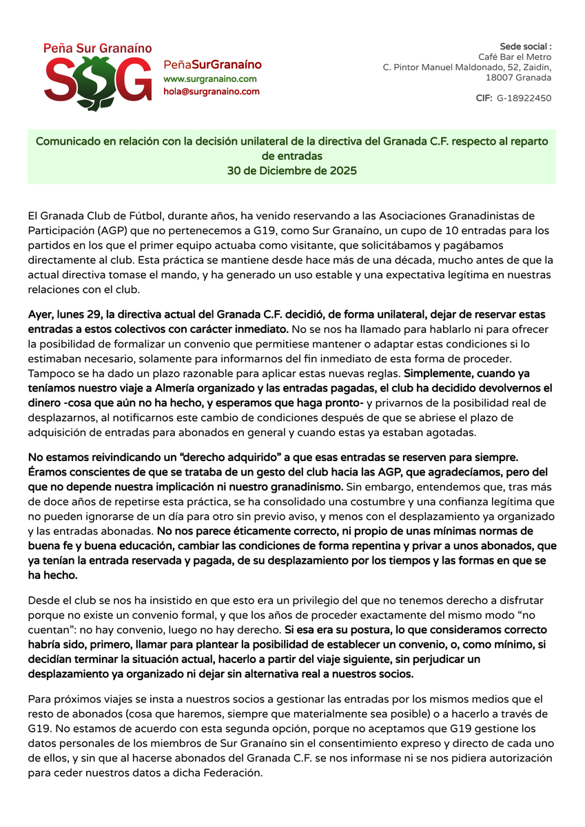 surgranainoGCF's tweet photo. Comunicado en relación con la decisión unilateral de la directiva del Granada C.F. respecto al reparto de entradas. https://t.co/qSAdqqRkLo