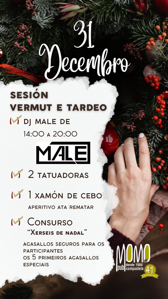 Sesión vermut e tardeo no Momo o 31. 
Agardamoste. 

#santiagodecompostela 
#navidad