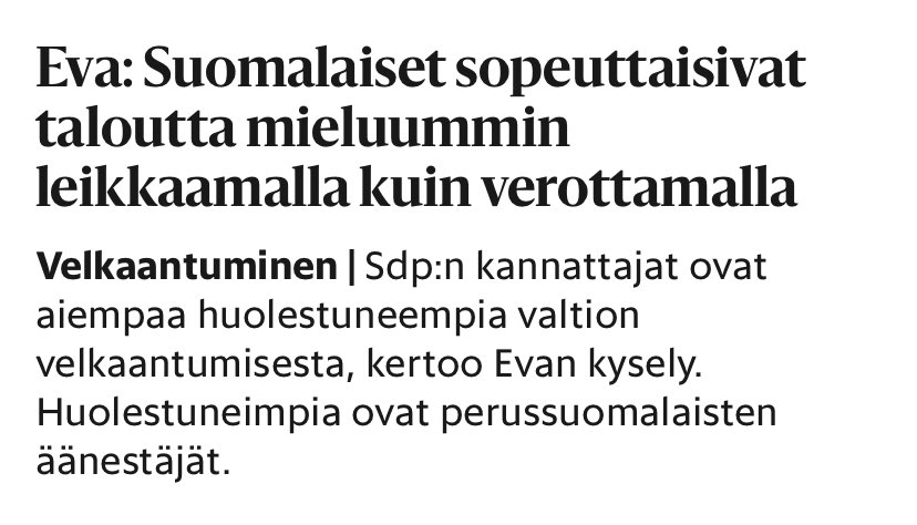 Tämä on hyvä suuntaus. 

Kun verot ovat jo maailman kireimmät ja silti budjetti jää jopa 20 miljardia vajaaksi joka vuosi, on selvää, että ongelmana ovat liian korkeat julkisen sektorin menot.

Menoja pitää alkaa karsimaan kunnolla. Järjestö- ja yritystuista on hyvä aloittaa.

👇