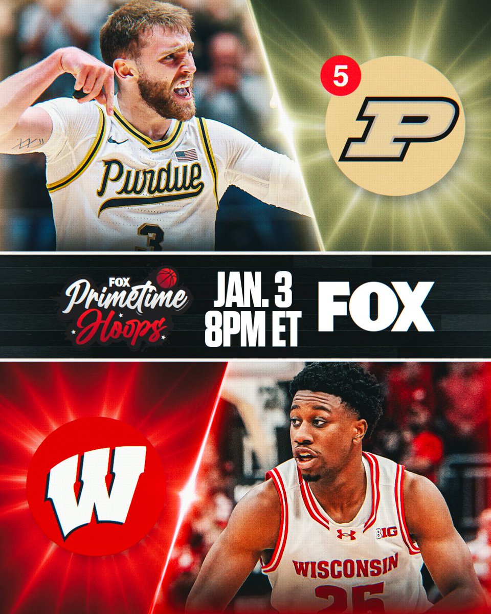CBBonFOX's tweet image. Boilermakers and Badgers face off in Primetime 💥

Jan. 3, 8pm ET on FOX!