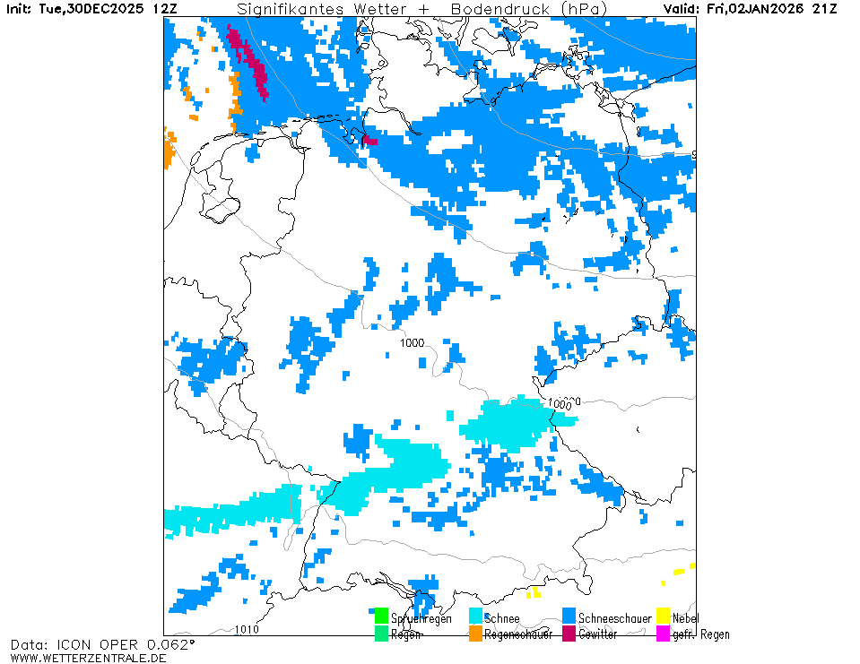sturmwetter1703's tweet image. An #Silvester und Neujahr vor allem im Norden/Osten zeitweise leichter #Regen und und oberhalb von 300m #Schnee. Nach Südwesten weniger Wolken und öfter trocken. Dazu nasskalt bei 0 bis 5 Grad. Nachts 4 bis -3 Grad und starker bis stürmischer Nordwestwind.
wetterzentrale.de