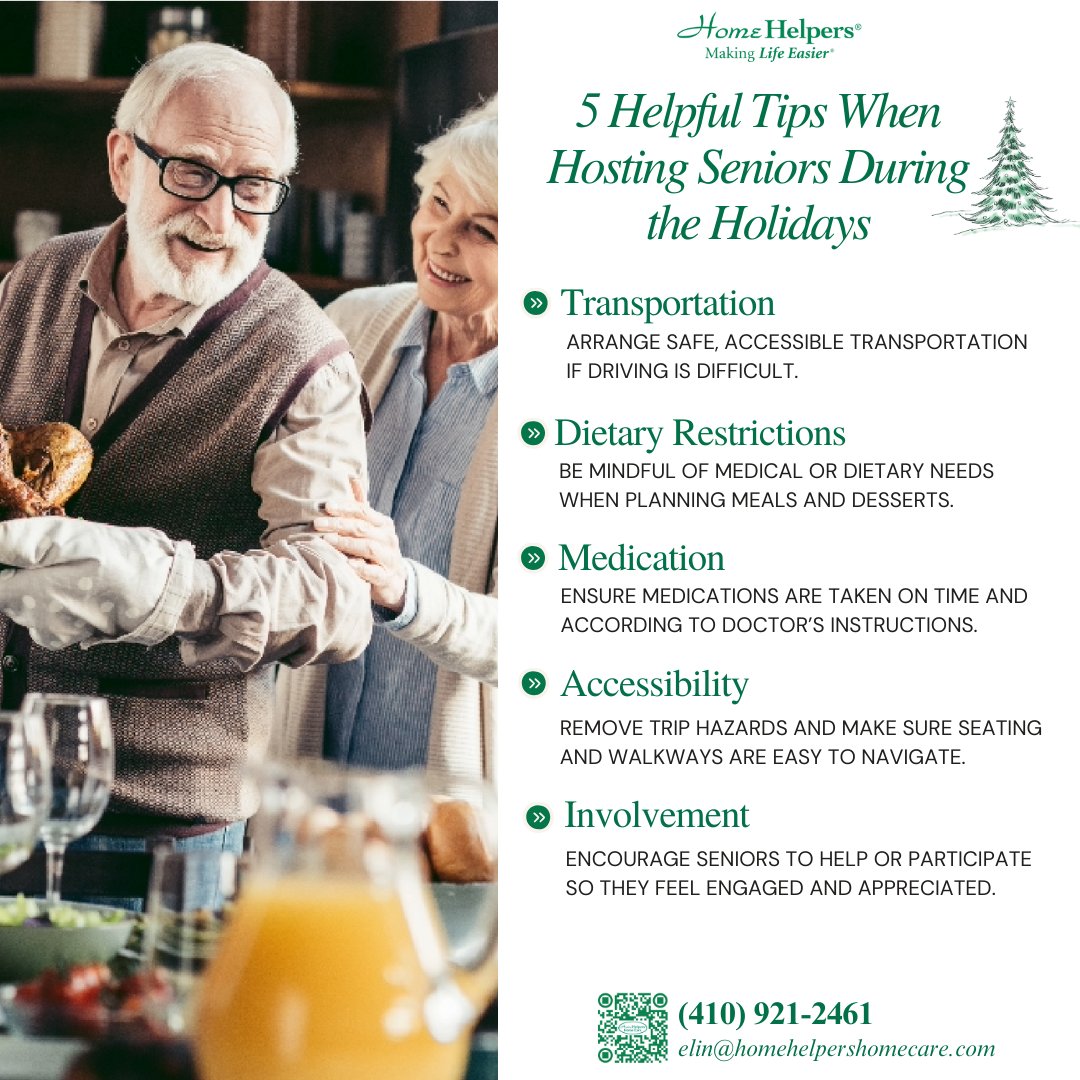EdwardSiraya's tweet image. 🎄 Hosting seniors this holiday season?
A little planning goes a long way—transportation, meals, medications, and accessibility all matter. 💚
Need extra support? We’re here to help.
📞 (410) 921-2461
📧 elin@homehelpershomecare.com

#SeniorCare #HolidayTips #HomeHelpersHomeCare