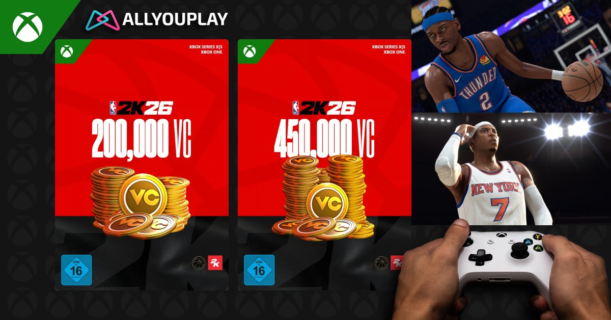ALLYOUPLAY's tweet image. 🚨 Time to dominate NBA 2K26! 🚨

💰 NBA 2K26 Virtual Currency Packs - Xbox Series X|S/Xbox One:
• 200,000 VC: 45.99€
• 450,000 VC: 92.50€

Unlock all the upgrades, gear, and skills to take your game to the next level! 🏀💥
No waiting. No limits. Just straight-up power on the…