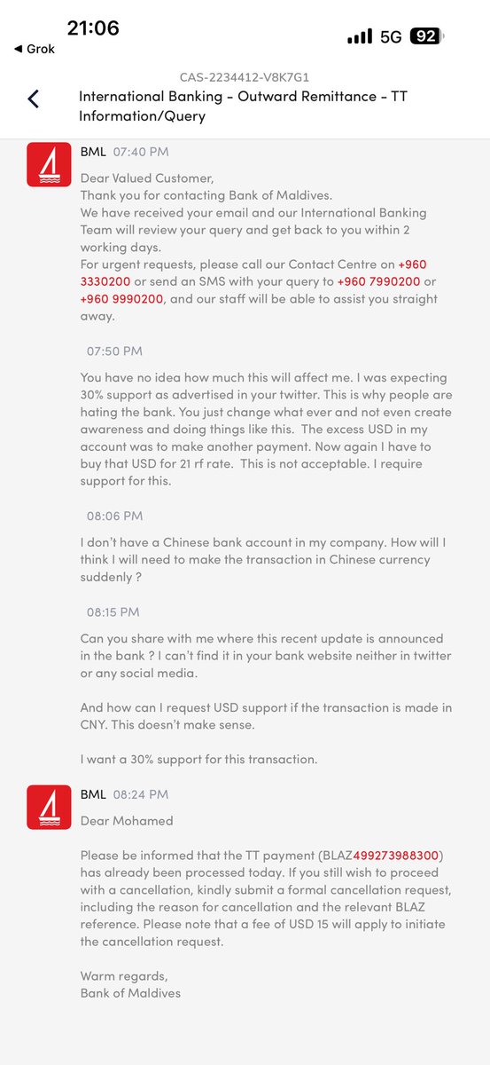 Myashfau's tweet photo. @bankofmaldives You processed my TT to China but gave ZERO USD support — ignoring your 30% at support for SME imports 

After multiple queries, you claim “recent update” forces only CNY for China — yet refuse to share any public evidence!

@MMA_Maldives @MoEDmv @MMuizzu https://t.co/fQA8jT1woM