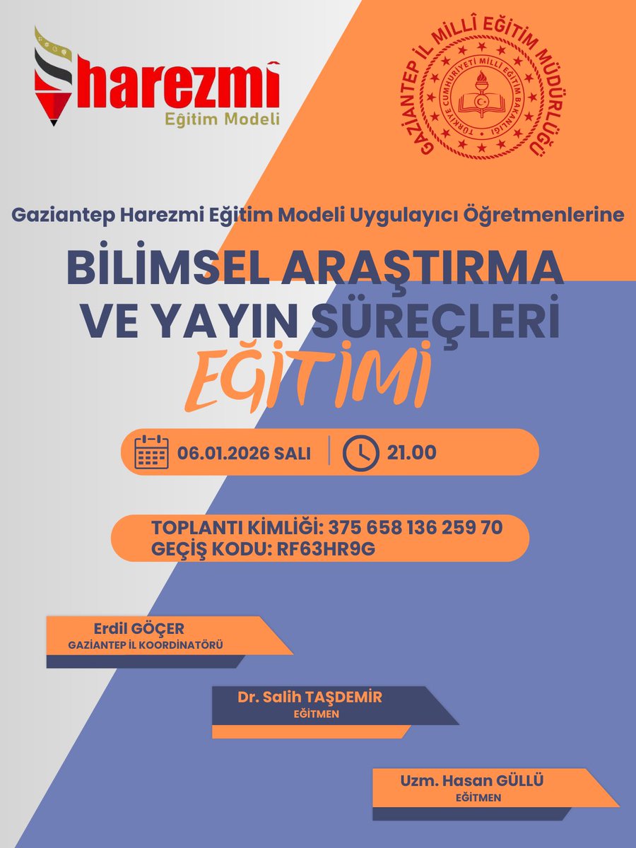 📚 Harezmi Eğitim Modeli’nde yer alan öğretmenlerimizin akademik üretim becerilerini desteklemek amacıyla “Bilimsel Araştırma ve Yayın Süreçleri” konulu çevrim içi eğitimimizi gerçekleştiriyoruz.
✍️ Bilgiyi sahada üreten, akademide paylaşan öğretmenlerimizle; nitelikli,