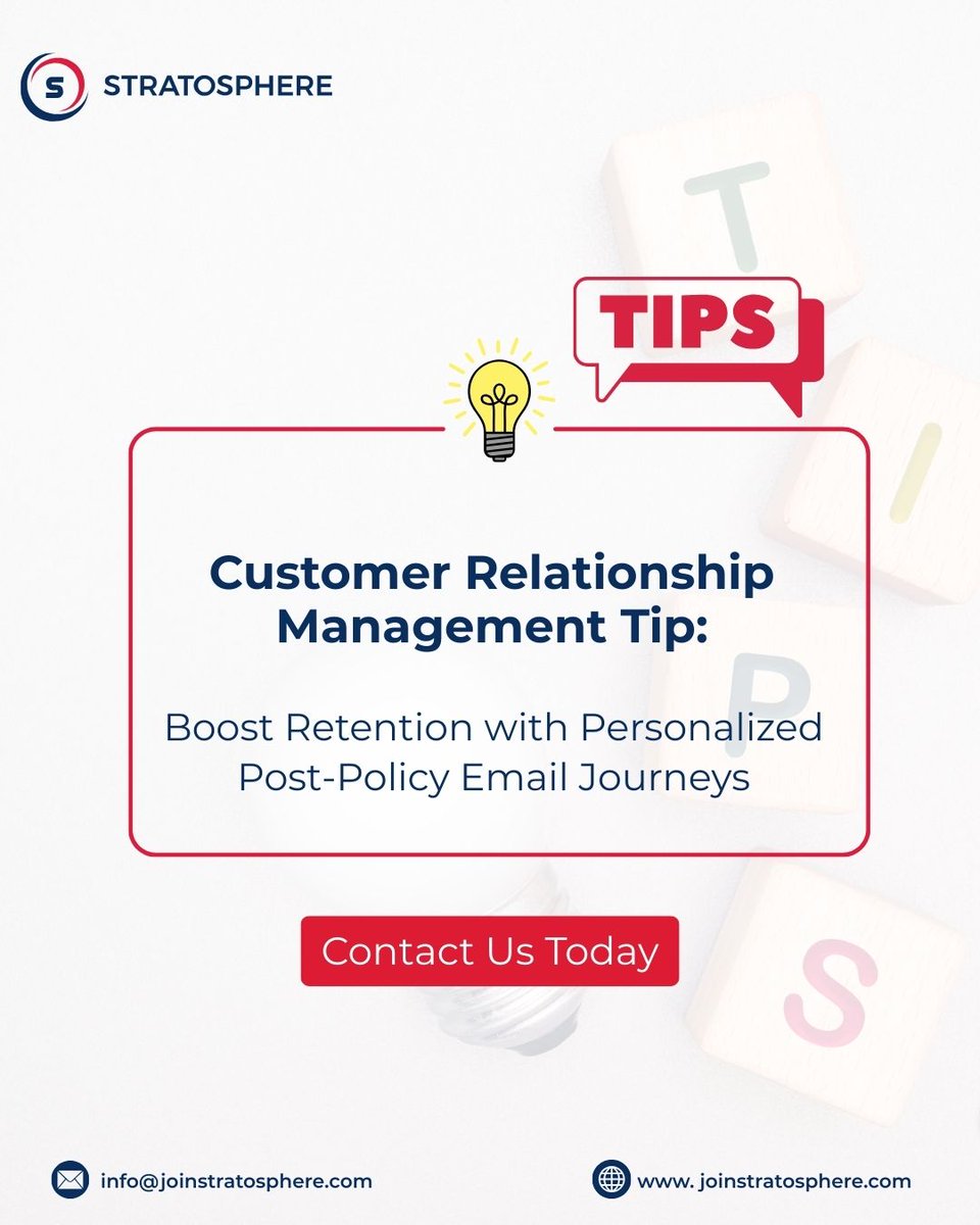 StratosphereMkt's tweet image. Build loyalty and increase renewals with personalized post-policy email journeys. Share helpful tips, coverage reminders, and exclusive updates to keep your clients connected and cared for.

#InsuranceMarketing #CustomerRetention #EmailMarketing #InsuranceTips #Stratosphere
